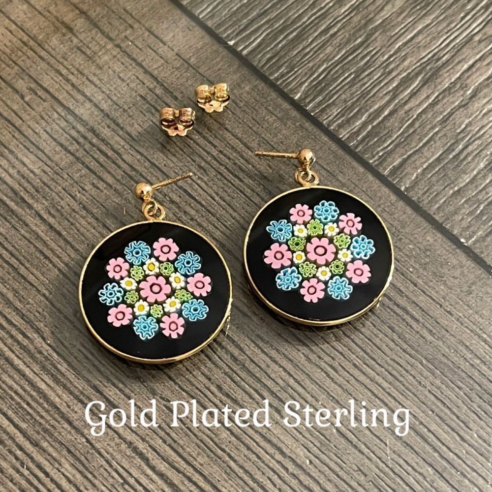 Vintage Round Disc Murano Glass Millefiori Dangle Earrings Gold Plated Sterling